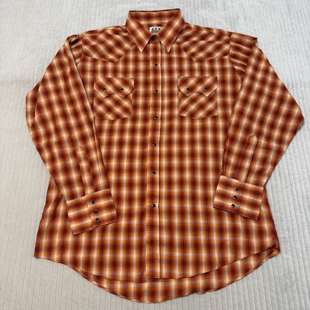 Ely Cattleman Pearl Snap Western Shirt Mens L Orange Blue Plaid Long Sleeve